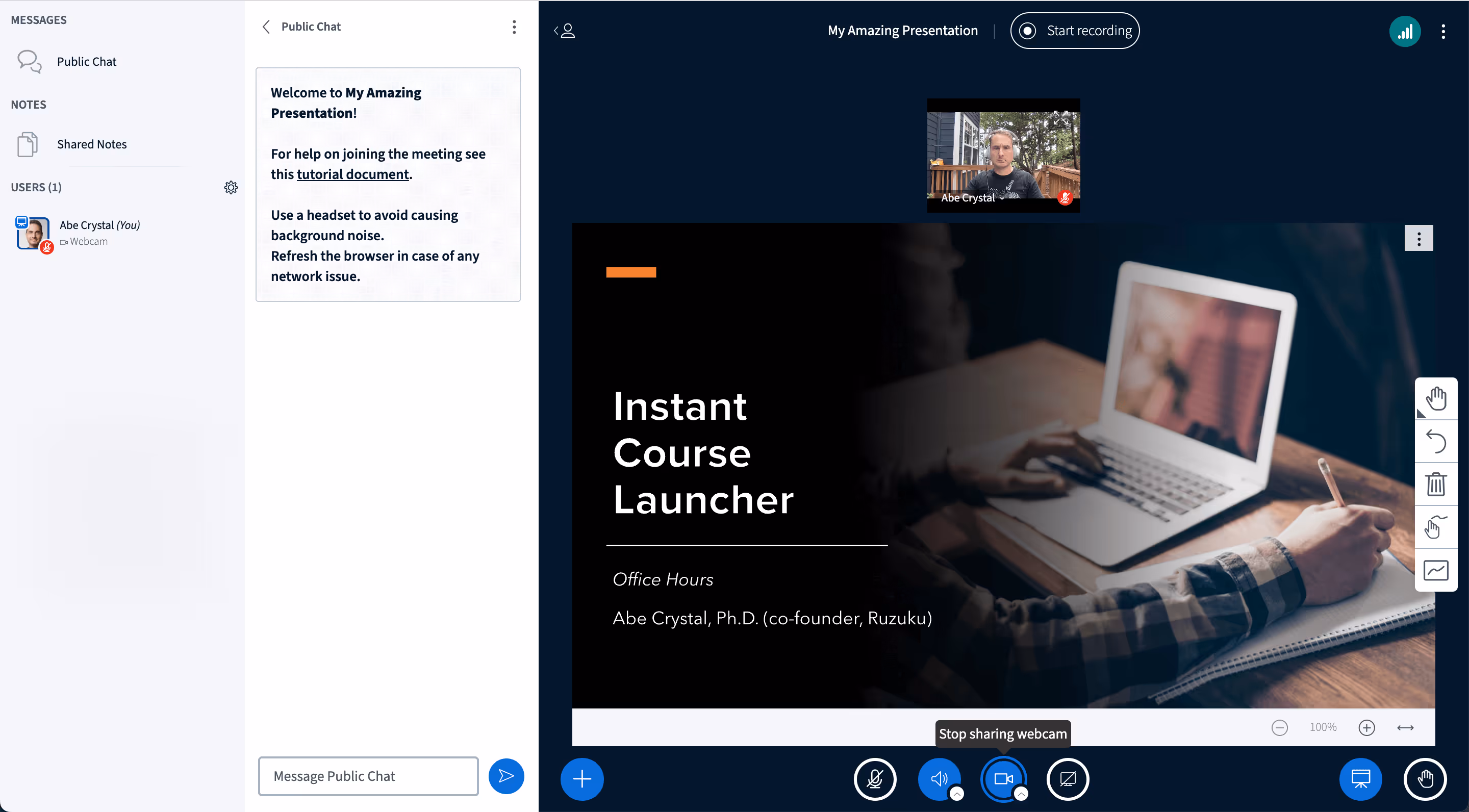 Ruzuku live workshop session with video and participant interaction